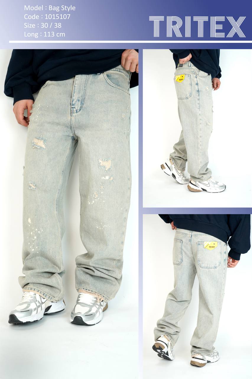 شلوار جین مردانه بگ استایل کم زاپ - کد:1016402