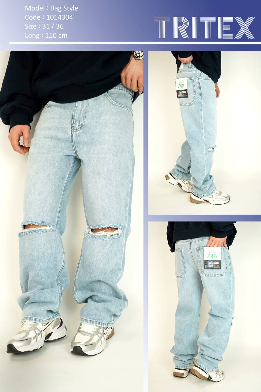 شلوار جین مردانه بگ استایل زانو زاپ - کد:1014304