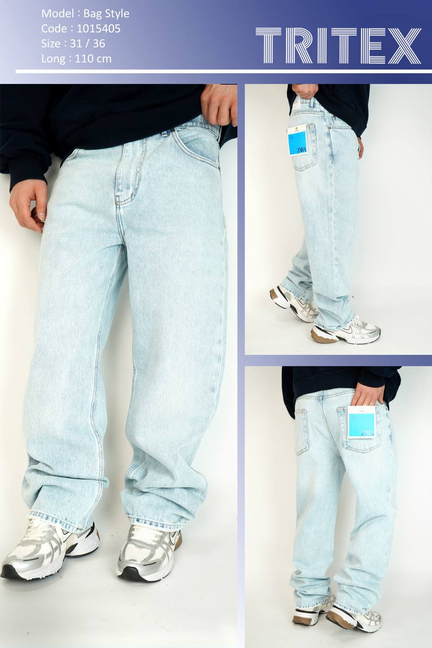 شلوار جین مردانه بگ استایل بدون زاپ - کد:1015405