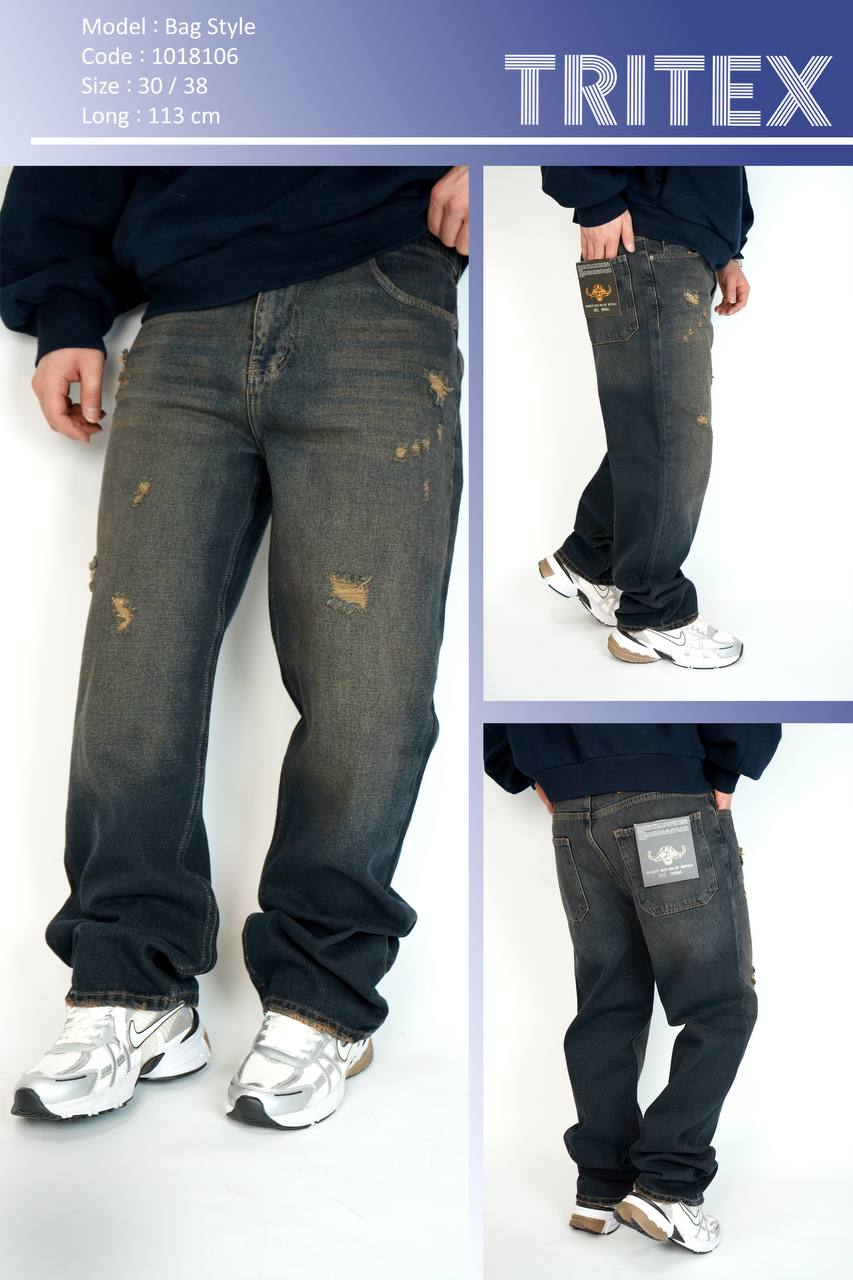 شلوار جین مردانه بگ استایل کم زاپ - کد:1018106