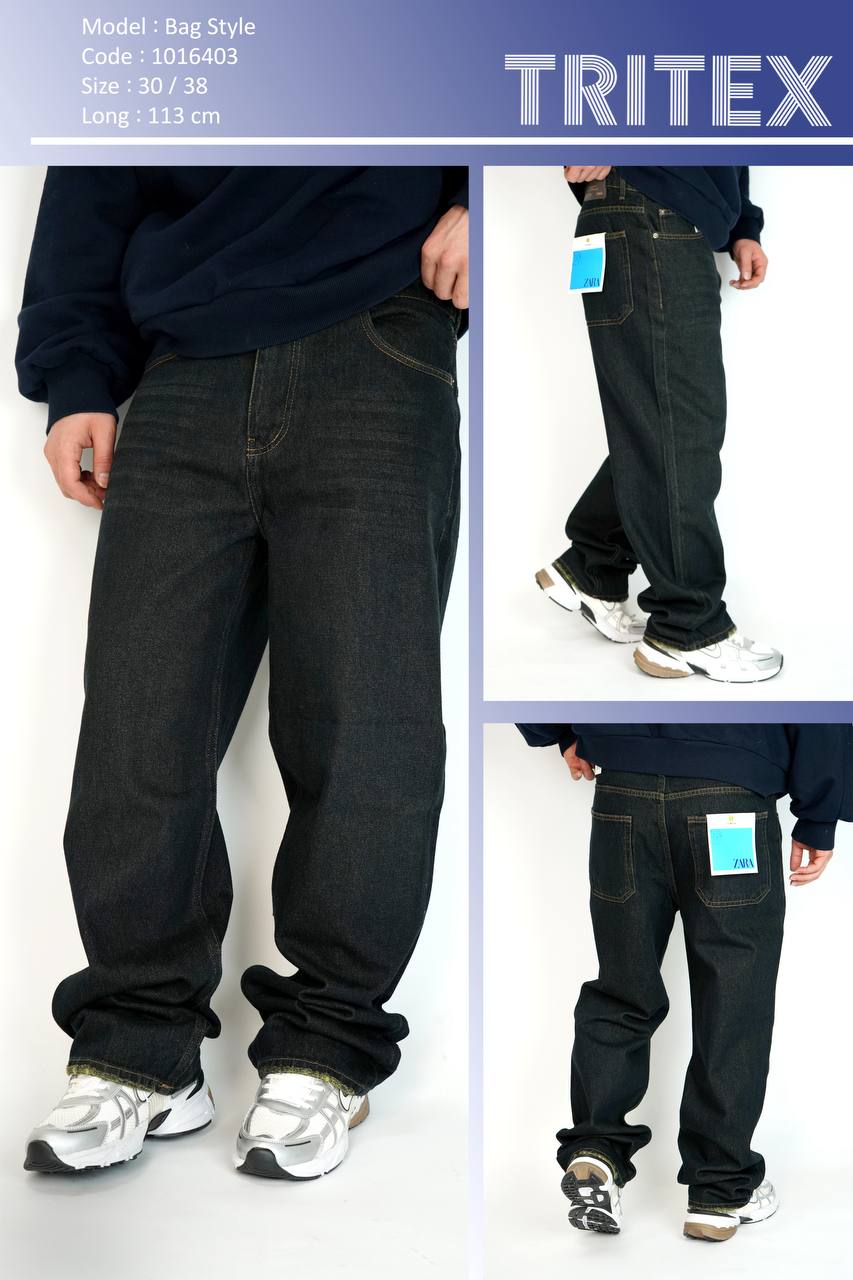 شلوار جین مردانه بگ استایل بدون زاپ خام شور - کد:1016403